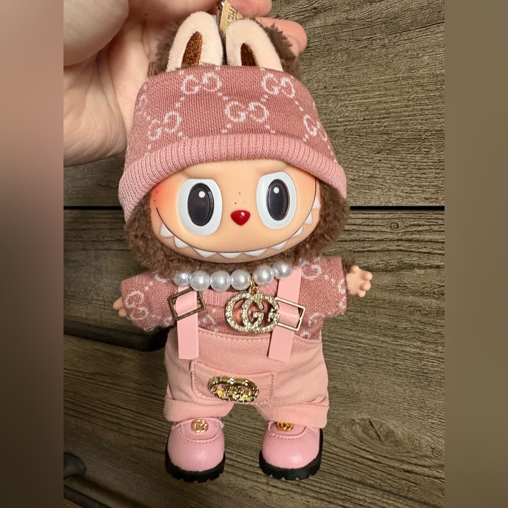 Pink overall with pearls set for labubu